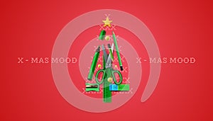Merry Christmas banner. Art pencils and office stationery in Christmas pine tree shape. School fair template