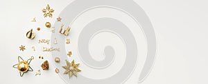 Merry Christmas banner background. decoration golden color xmas items in Christmas tree shape on table.mockup backdrop for display