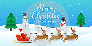 Merry Christmas Banner Background vector. Christmas vector Background with Santa Claus riding in sleigh. Merry christmas and Happy