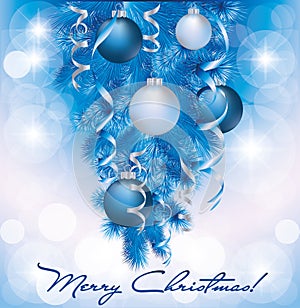 Merry Christmas banner with blue silver balls