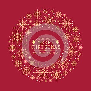 Merry christmas banner card - gold circle frame with abstract line snow sign on red background vector design