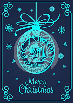 Merry Christmas banner card with paper cut art mary and joseph in a manger with baby Jesus in Christmas Ball and snow sing vector