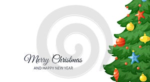 Merry Christmas banner. Cartoon Christmas tree branches isolated on white background. Decorations with stars, balls and