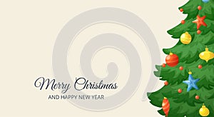 Merry Christmas banner. Cartoon Christmas tree branches on retro background. Decorations with stars, balls and garlands