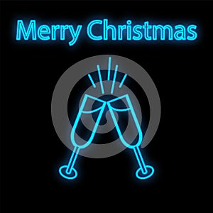 Merry Christmas banner with Champagne glasses neon sign. Vector illustration