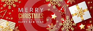 Merry christmas banner with christmas elements on red background.