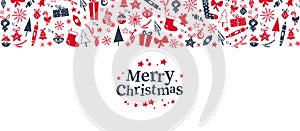 Merry Christmas banner with congratulation text and xmas icons ornament isolated.