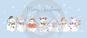 Merry Christmas banner with cute happy snowmen, snowflakes. Xmas background with snow men characters in hats on winter