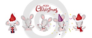 Merry christmas banner. Cute mouse in a santa hat, in a scarf, with a gift. New Year greeting card with a rat in cartoon