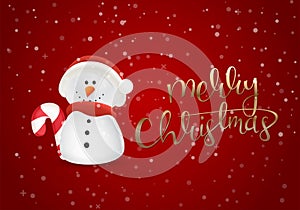 Merry Christmas banner design with a cute snowman holding a candy cane.