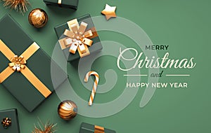 Merry Christmas banner design with presents, balls and text on a green background. Xmas and happy new year type for overhead view