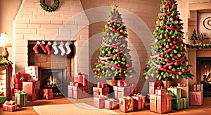 Merry Christmas banner with a fairytale interior with festive fir trees and gifts near the fireplace