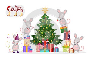 Merry christmas banner. A family of mice decorates a Christmas tree. New Year s mice and rats. Flat vector isolated on