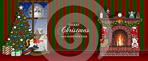 Merry christmas banner with fireplace, christmas tree and toys