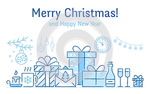 Merry Christmas banner with flat line icons. New Year greeting card - pine tree, presents, gift boxes, decoration vector