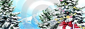 Merry Christmas banner with gift box, Christmas tree. Winter forest with snow. Horizontal poster, greeting card, header