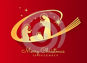 Merry Christmas banner with Gold Nightly christmas scenery mary and joseph in a manger with baby Jesus on red background photo
