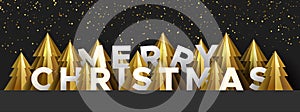 Merry Christmas banner of gold paper cut pine tree