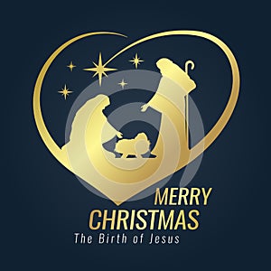 Merry Christmas banner gold sign with Nightly christmas scenery mary and joseph in a manger with baby Jesus and Meteor in heart si