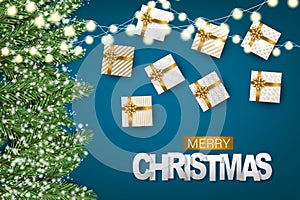 Merry Christmas banner. Green fir tree branches on blue background with sparkling lights garland and white and golden gift boxes w