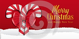 Merry christmas banner greeting card elegant holy with illustration of candy cane with red background