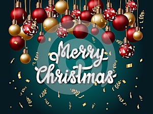 Merry Christmas banner with handlettering and Christmas balls and tinsel photo