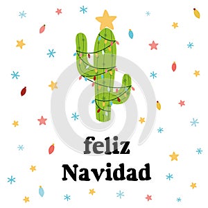 Merry Christmas banner. Happy cactus in a Christmas garland stars snow. Cute vector greeting card. Title in Spanish photo