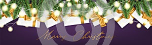 Merry Christmas banner or header. Realistic luxurious winter holiday design - white presents boxes with golden ribbon and bow, gar