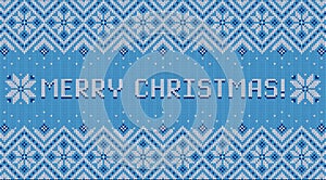 Merry Christmas banner. Knitted scandinavian background