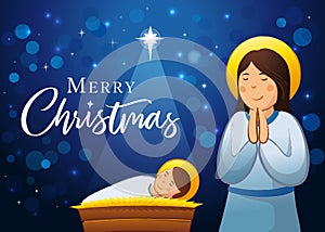 Merry Christmas banner, Nativity scene with Jesus in manger