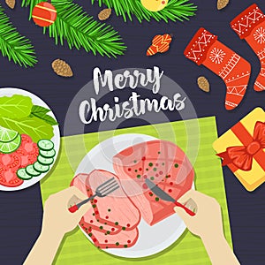 Merry Christmas Banner, Person Eating Festive Dinner with Fork and Knife View from Above Flat Vector Illustration