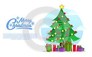 Merry christmas banner poster design with fir christmas tree. flat design