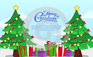 Merry christmas banner poster design with fir christmas tree. flat design