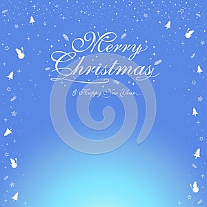 Merry Christmas banner poster template with festive elements border; snowman, pine tree