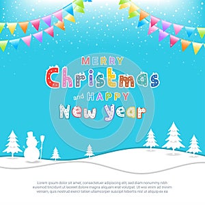 Merry Christmas banner poster template with festive elements; snowman