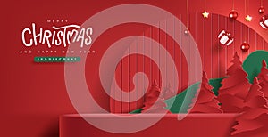 Merry Christmas banner with product display and festive decoration red background