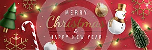 Merry Christmas banner with realistic christmas ornament