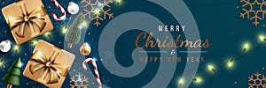 Merry Christmas banner with realistic christmas ornament.