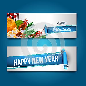 Merry Christmas banner in the realistic torn paper design. Red detailed paper scroll. Christmas greeting background.