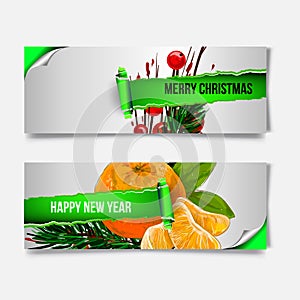 Merry Christmas banner in the realistic torn paper design. Red detailed paper scroll. Christmas greeting background.