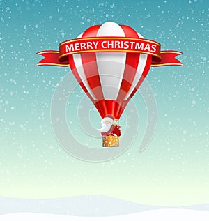 Merry Christmas Banner with Santa Claus riding hot air balloon