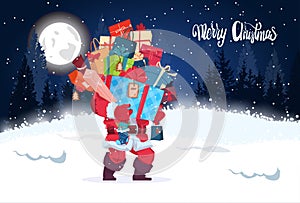 Merry Christmas Banner Santa Holding Heap Of Gifts Holiday Greeting Card Night Winter Forest Landscape