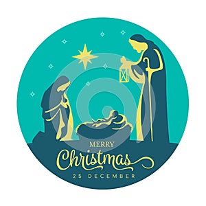 Merry Christmas banner sign with Nightly christmas scenery mary and joseph in a manger with baby Jesus and star light in navy blue photo