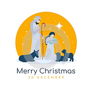 Merry Christmas banner sign with Nightly christmas scenery mary and joseph in a manger with baby Jesus vector design