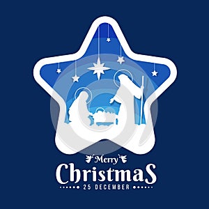 Merry Christmas banner sign with Nightly christmas scenery mary and joseph in a manger with baby Jesuson in star frame on blue