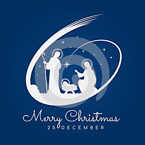 Merry Christmas banner sign with Nightly christmas scenery mary and joseph in a manger with baby Jesus and Meteor on blue backgrou