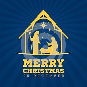 Merry Christmas banner sign with Nightly christmas scenery mary and joseph in a manger with baby Jesus vector design photo