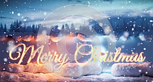 Merry Christmas banner in snow winter scenery.