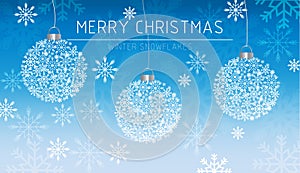 Merry Christmas banner snowflakes decorations card in winter frost Vector. Magic Blue beautiful holiday cards. Snowing