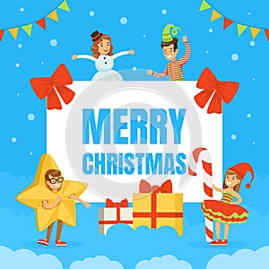 Merry Christmas Banner Template, Cute Happy Kids Celebrating Holiday Wearing Masquerade Costumes Cartoon Vector